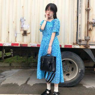 Elbow-sleeve Floral Print Midi A-line Dress Blue - One Size