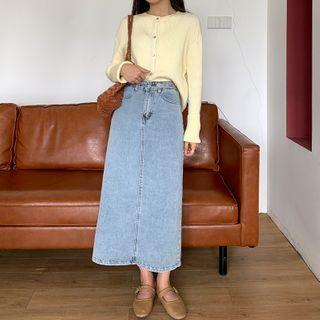 Asymmetric Slit Denim Maxi Skirt