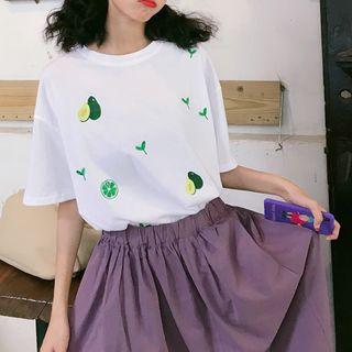 Elbow-sleeve Crew-neck Embroidered T-shirt