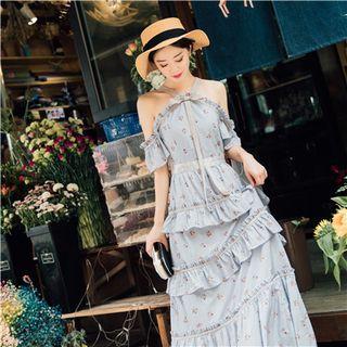 Elbow-sleeve Cold Shoulder Tiered Midi Dress