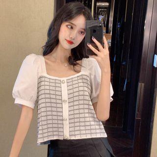 Puff-sleeve Plaid Retro Square-neck Cropped Short-sleeve Top