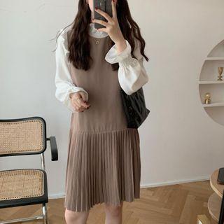 Ruffled-neck Bell-sleeve Shirt + Pleated Pinafore Dress