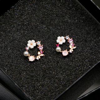 Faux Pearl Rhinestone Floral Mini Hoop Earring