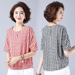 Plaid Round-neck Semi-sleeve T Shirt