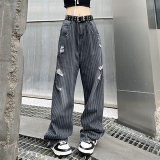 Mid Rise Pinstriped Distressed Wide Leg Jeans