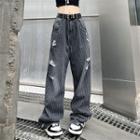 Mid Rise Pinstriped Distressed Wide Leg Jeans