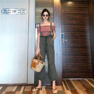 Plaid Off Shoulder Short Sleeve Blouse / Suspender Straight Cut Pants