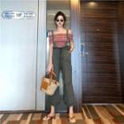 Plaid Off Shoulder Short Sleeve Blouse / Suspender Straight Cut Pants