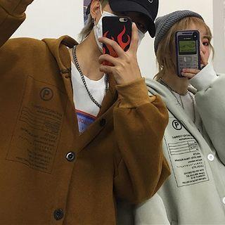 Couple Matching Hooded Lettering Button Jacket