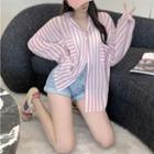 Long-sleeve Striped Blouse Shirt - As Figure - One Size