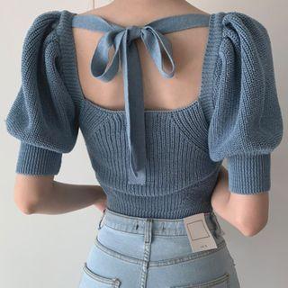 Open-back Puff-sleeve Rib Knit Top