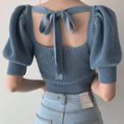 Open-back Puff-sleeve Rib Knit Top