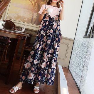 Set: Short-sleeve Top + Floral Print Dress