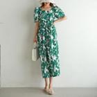 Square-neck Floral Long Dress With Sash