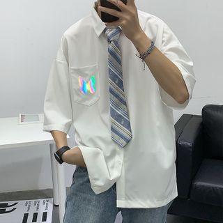 Pocket-front Butterfly Print Short-sleeve Shirt