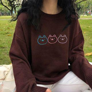Round-neck Cat Embroidered Knit Sweater