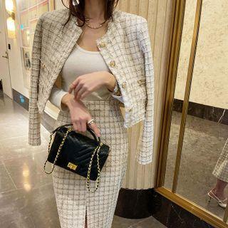 Set: Fringed Tweed Jacket + Tweed Long Skirt