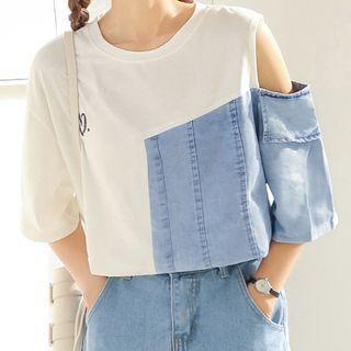 Elbow-sleeve Cutout Denim Panel T-shirt