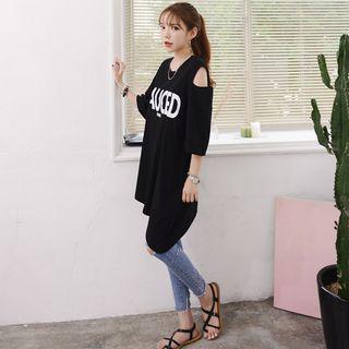 3/4-sleeve Asymmetric-hem Printed T-shirt