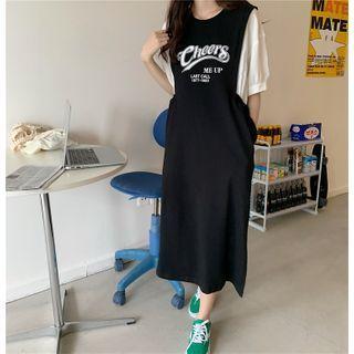 Mock Two-piece Lettering Short-sleeve Midi T-shirt Dress