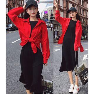Set: Plain Shirt + Sleeveless Side Slit Midi Dress Red - One Size