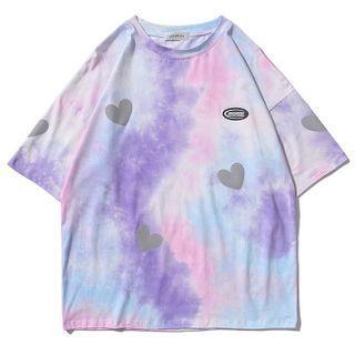 Elbow-sleeve Heart Print Tie-dye T-shirt