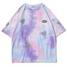 Elbow-sleeve Heart Print Tie-dye T-shirt