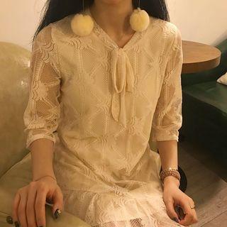 Tie Neck Elbow-sleeve Lace Dress