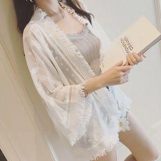 Fringed Trim Open Front 3/4-sleeve Lace Jacket