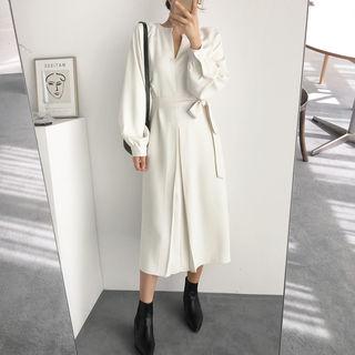 Open-placket Puff-sleeve A-line Dress With Sash