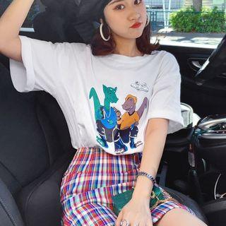 Cartoon Printed T-shirt + High-waist Plaid Skirt