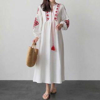Lantern-sleeve Embroidered Midi Dress
