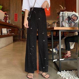 Glittered Wide-leg Pants Black - One Size