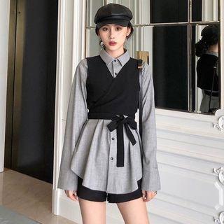 Set: Plain Shirt + Lace Up Crop Vest