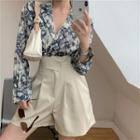 Long-sleeve V-neck Floral Blouse / High-waist Plain Shorts