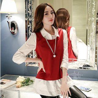 Set: 3/4-sleeve Frilled Blouse + Vest