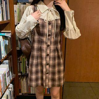 Long-sleeve Mock Two-piece Plaid Mini Dress / Button-up Jacket
