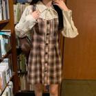 Long-sleeve Mock Two-piece Plaid Mini Dress / Button-up Jacket