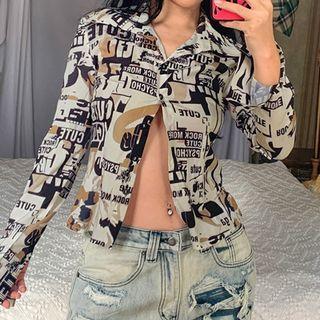 Long Sleeve Lettering Printed Crop Shirt