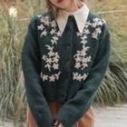 Buttoned Floral Embroidered Cardigan Dark Green - One Size