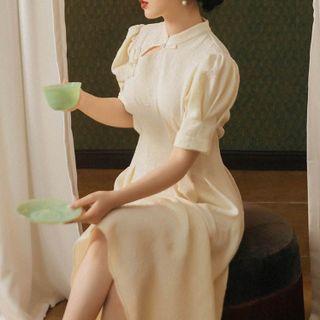 Puff-sleeve Frog Buttoned Keyhole Midi A-line Dress
