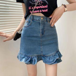 Frill Trim Denim Mini Pencil Skirt
