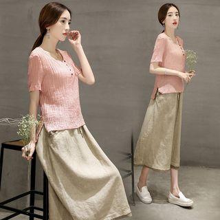 Set: Crew-neck Short-sleeve T-shirt + Drawstring Midi Skirt