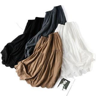 Eyelet Lace Trim Midi A-line Skirt