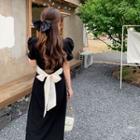Short-sleeve Square-neck Bow Back Midi A-line Dress