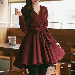 Puff-shoulder Pleated Flared Wrap Dress With Sash