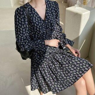 Puff-sleeve Drawstring Floral Dress Dark Navy Blue - One Size