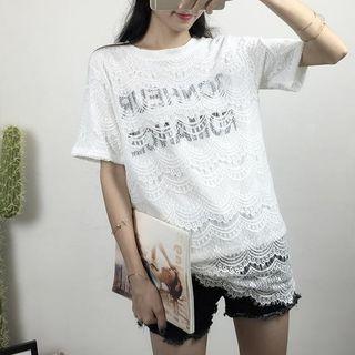 Lettering Lace Overlay Crewneck T-shirt