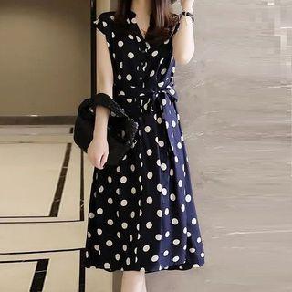 Cap Sleeve V-neck Polka Dot A-line Shirtdress