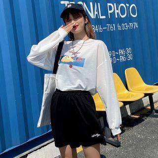 Set: Cartoon Print Sweatshirt + Wide-leg Shorts